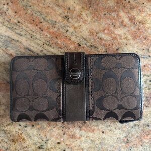 Coach Brown Signature Canvas Continental Wallet with Dark Trim